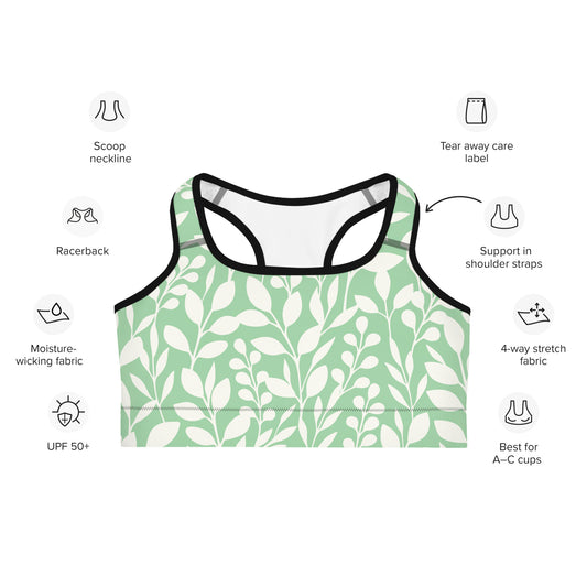 Front of Racerback Embrace Fearless Growth Sports Bra in Green and White plant design, with black trim.