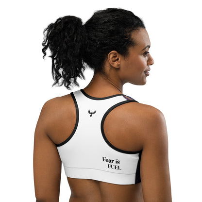 Back of Racerback Embrace Fearless Growth Sports Bra in White with text Fear is Fuel, black trim, phoenix logo on center.