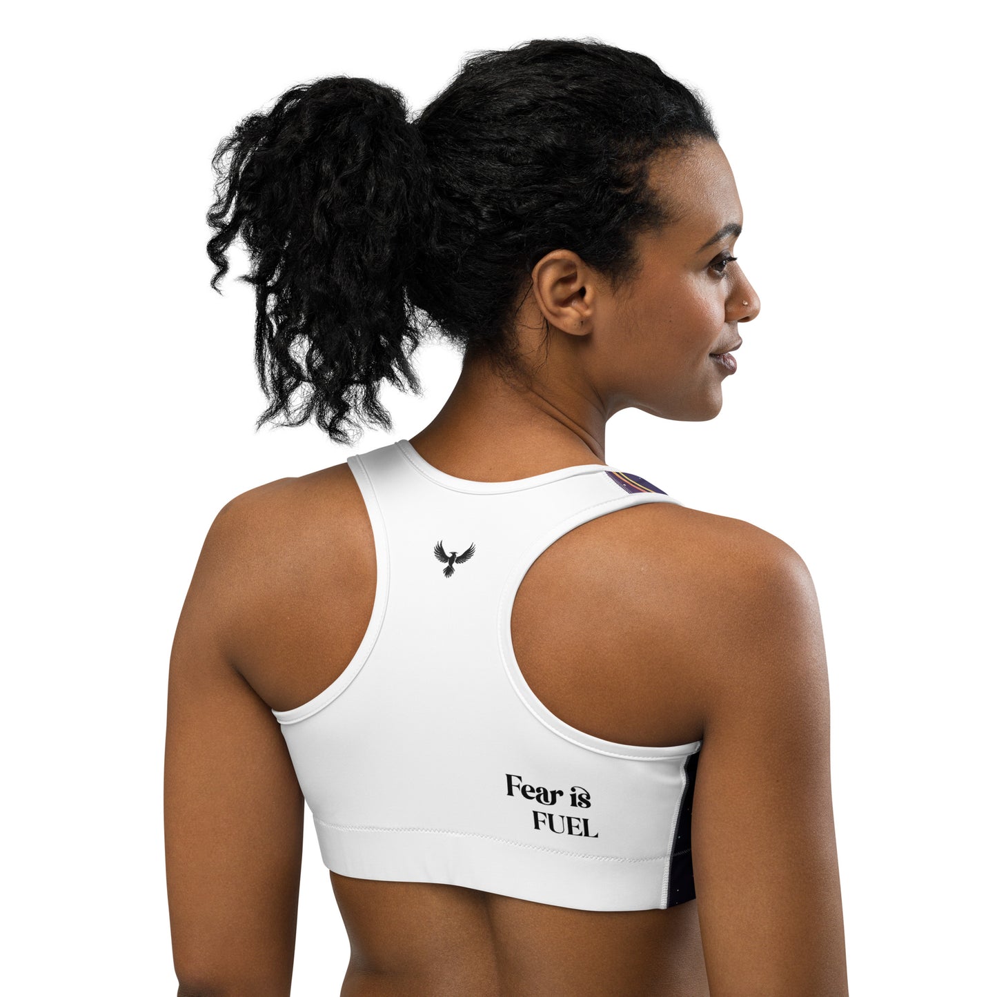 Back of Racerback Embrace Fearless Growth Sports Bra in White with text Fear is Fuel, white trim, phoenix logo on center.