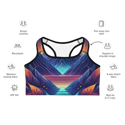 Front of Racerback Fear is Fuel Sports Bra in multicolor mountain harbor design, with black trim.