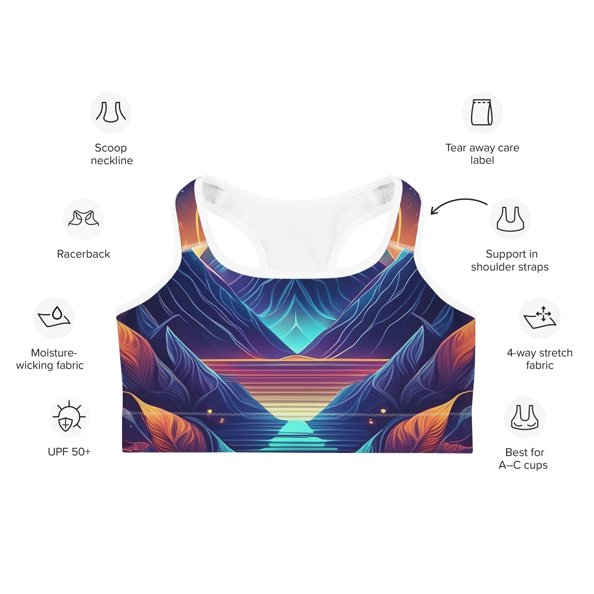 Front of Racerback Fear is Fuel Sports Bra in multicolor mountain harbor design, with white trim.