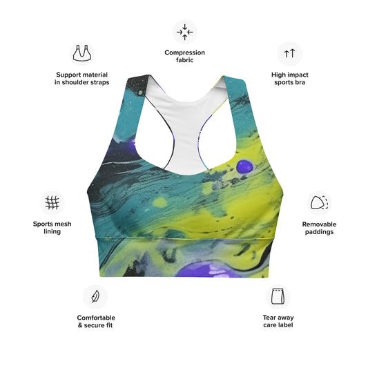 Front of Longline Sports Bra in multicolor Fearless Camo design.