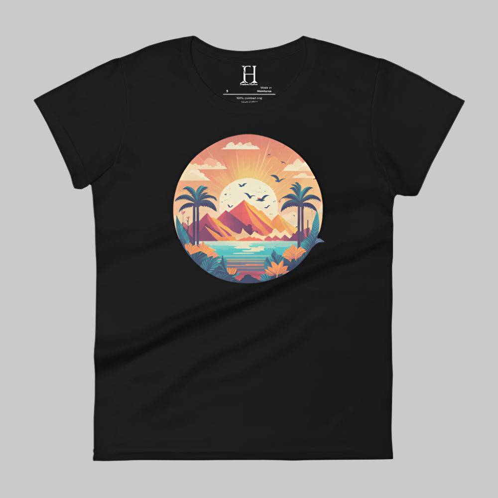 Front of Fearless Flourishing T-Shirt in Black with a beautiful harbor, surrounded by trees and mountains design.