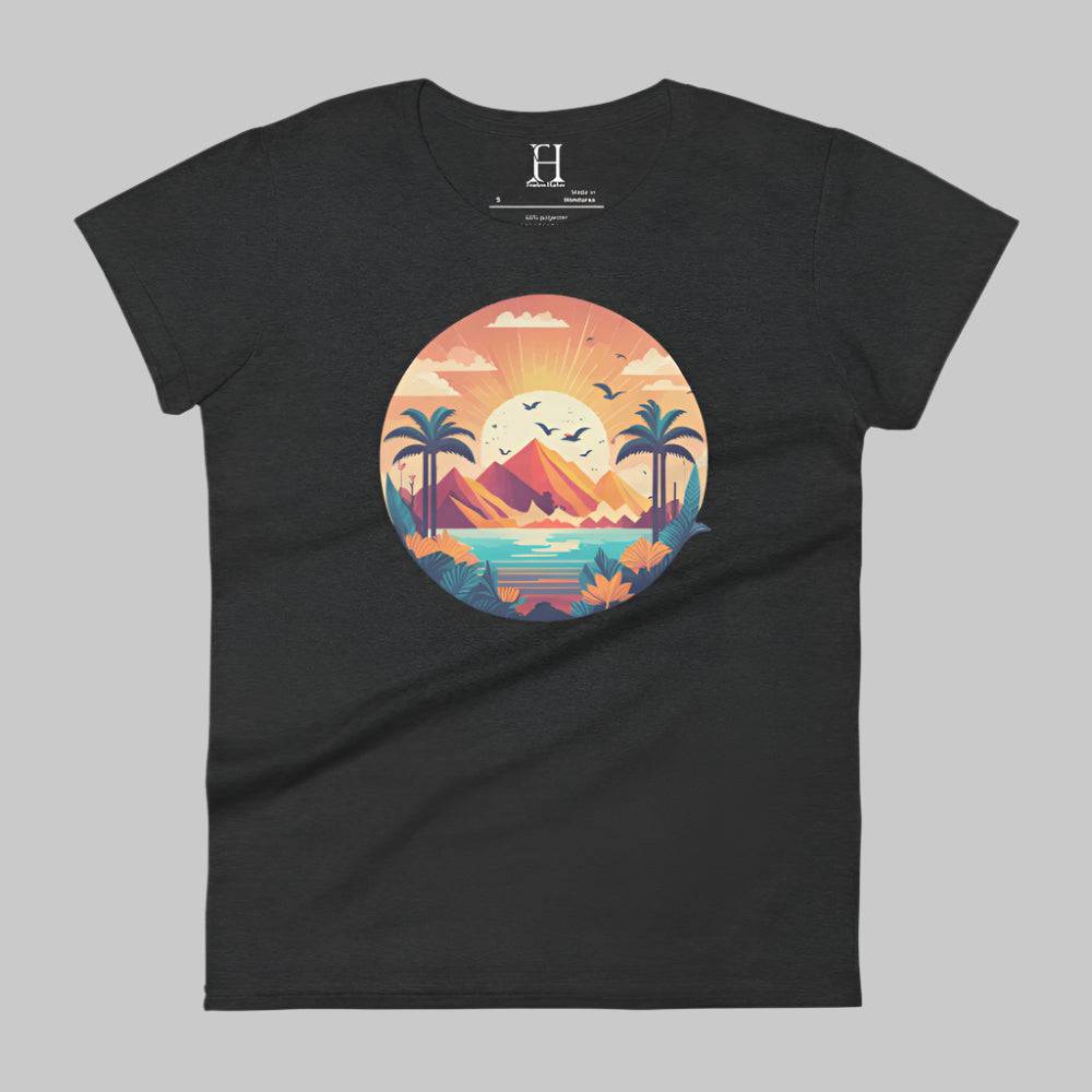 Front of Fearless Flourishing T-Shirt in Dark Grey with a beautiful harbor, surrounded by trees and mountains design.