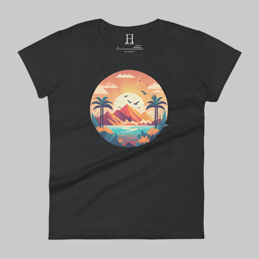 Front of Fearless Flourishing T-Shirt in Dark Grey with a beautiful harbor, surrounded by trees and mountains design.