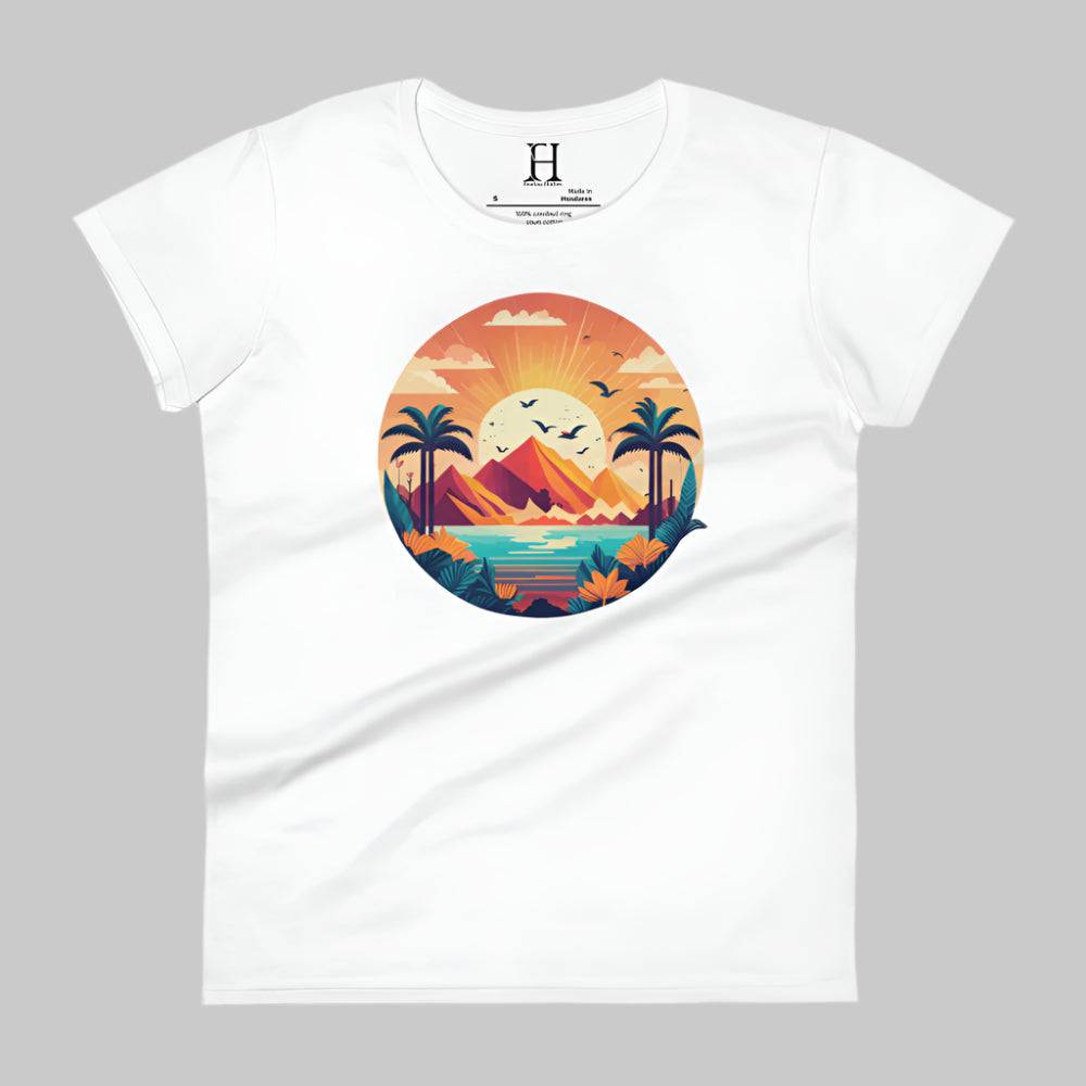 Front of Fearless Flourishing T-Shirt in White with a beautiful harbor, surrounded by trees and mountains design.