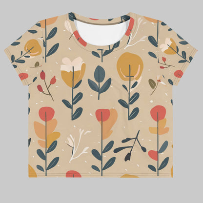 Front of Fearless Growth Crop Top T-Shirt in Light Taupe with a floral flower pattern.