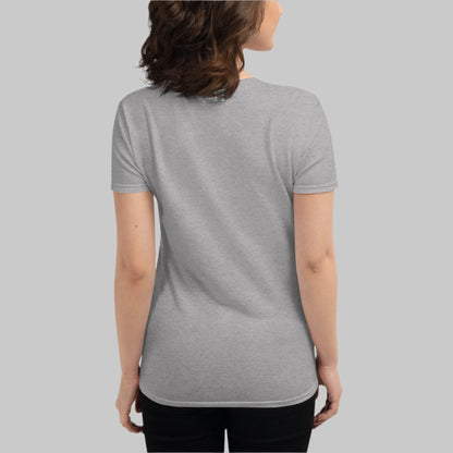 Back of Woman wearing Fearless Growth T-Shirt in Black, with FH log at top near the color in white.