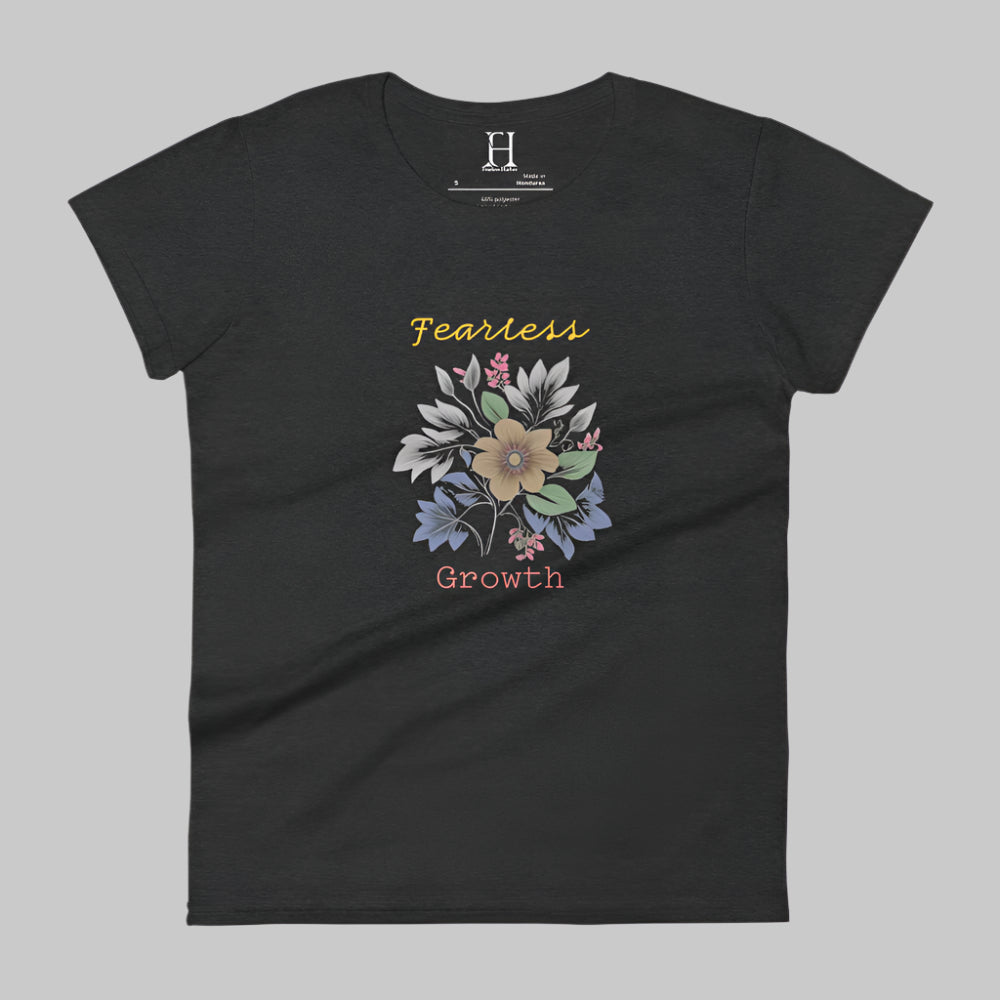 Front of Fearless Growth T-Shirt in Black with a floral flower plant graphic, and the text Fearless Growth. 