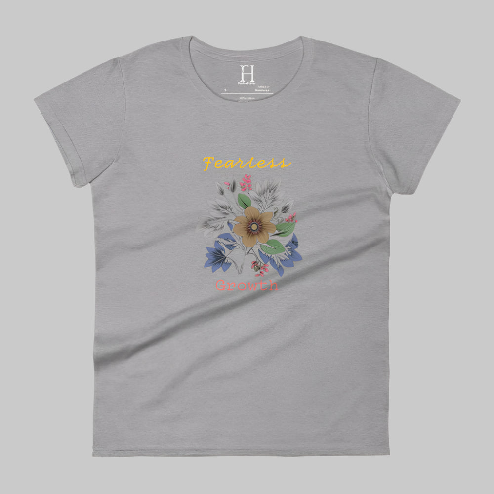 Front of Fearless Growth T-Shirt in Grey with a floral flower plant graphic, and the text Fearless Growth. 