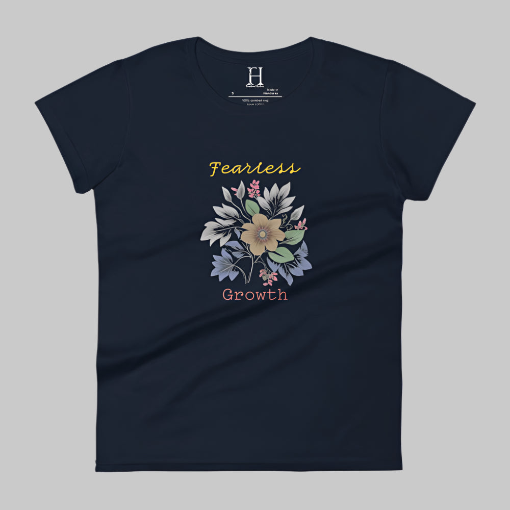 Front of Fearless Growth T-Shirt in Navy with a floral flower plant graphic, and the text Fearless Growth. 