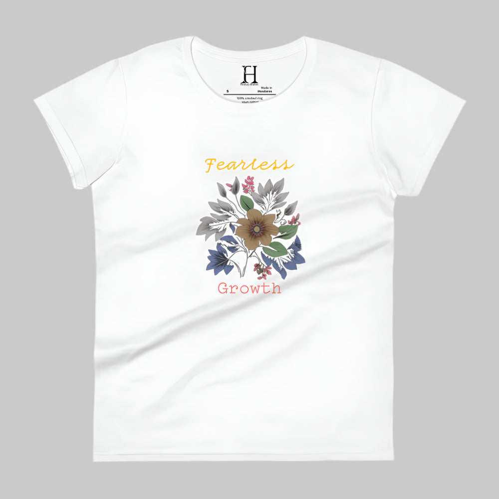 Front of Fearless Growth T-Shirt in White with a floral flower plant graphic, and the text Fearless Growth. 