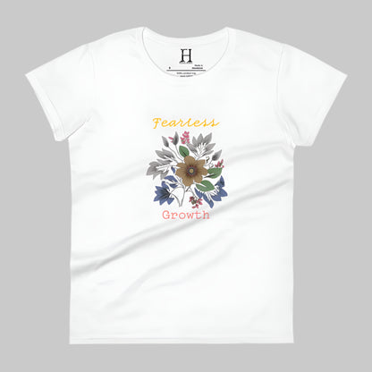 Front of Fearless Growth T-Shirt in White with a floral flower plant graphic, and the text Fearless Growth. 