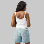 Back of Woman wearing Fearless Harbor Micro-Rib Tank in White, blank with no graphics or text.