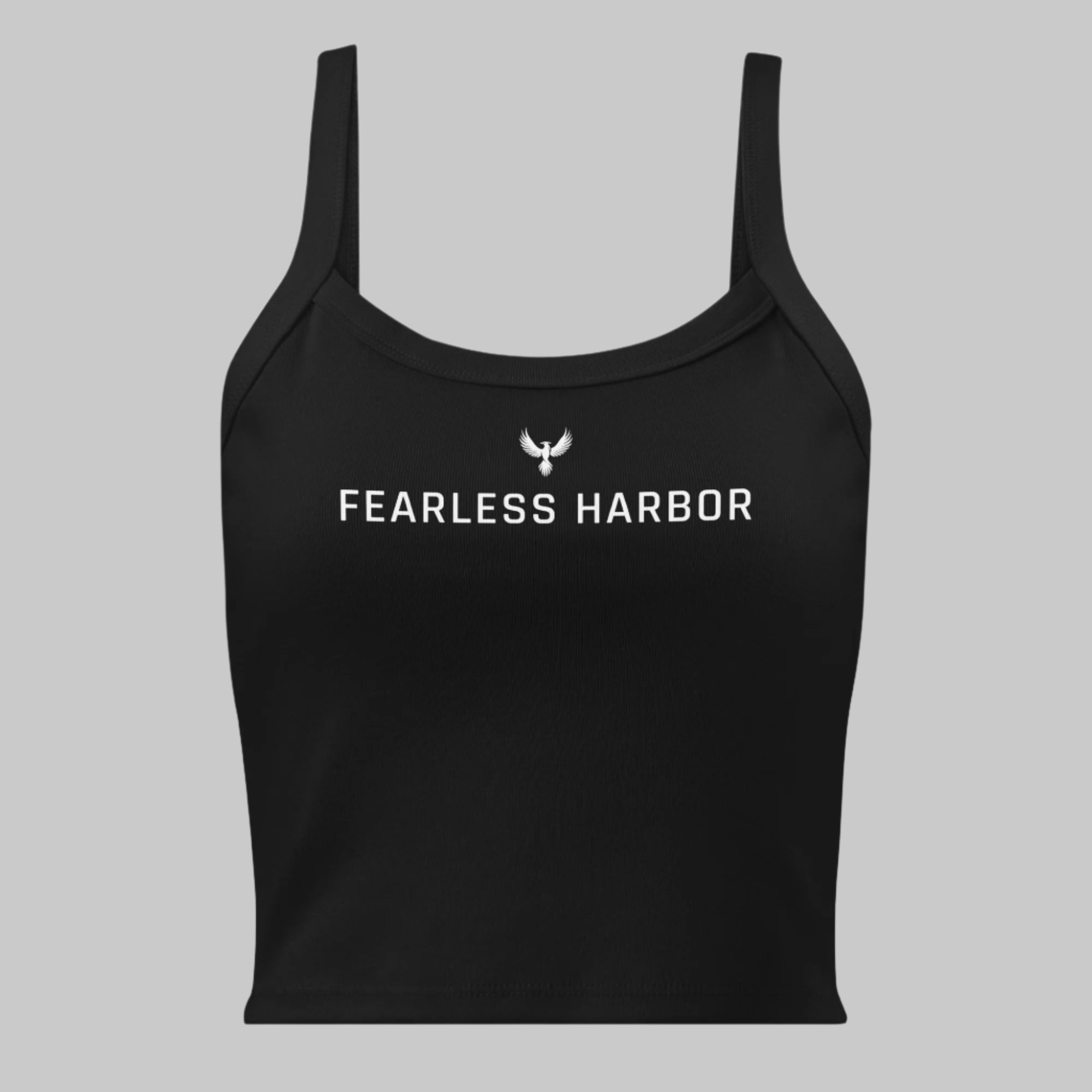 Front of Micro-Rib Tank in Black, with the Phoenix logo above the text Fearless Harbor in white.