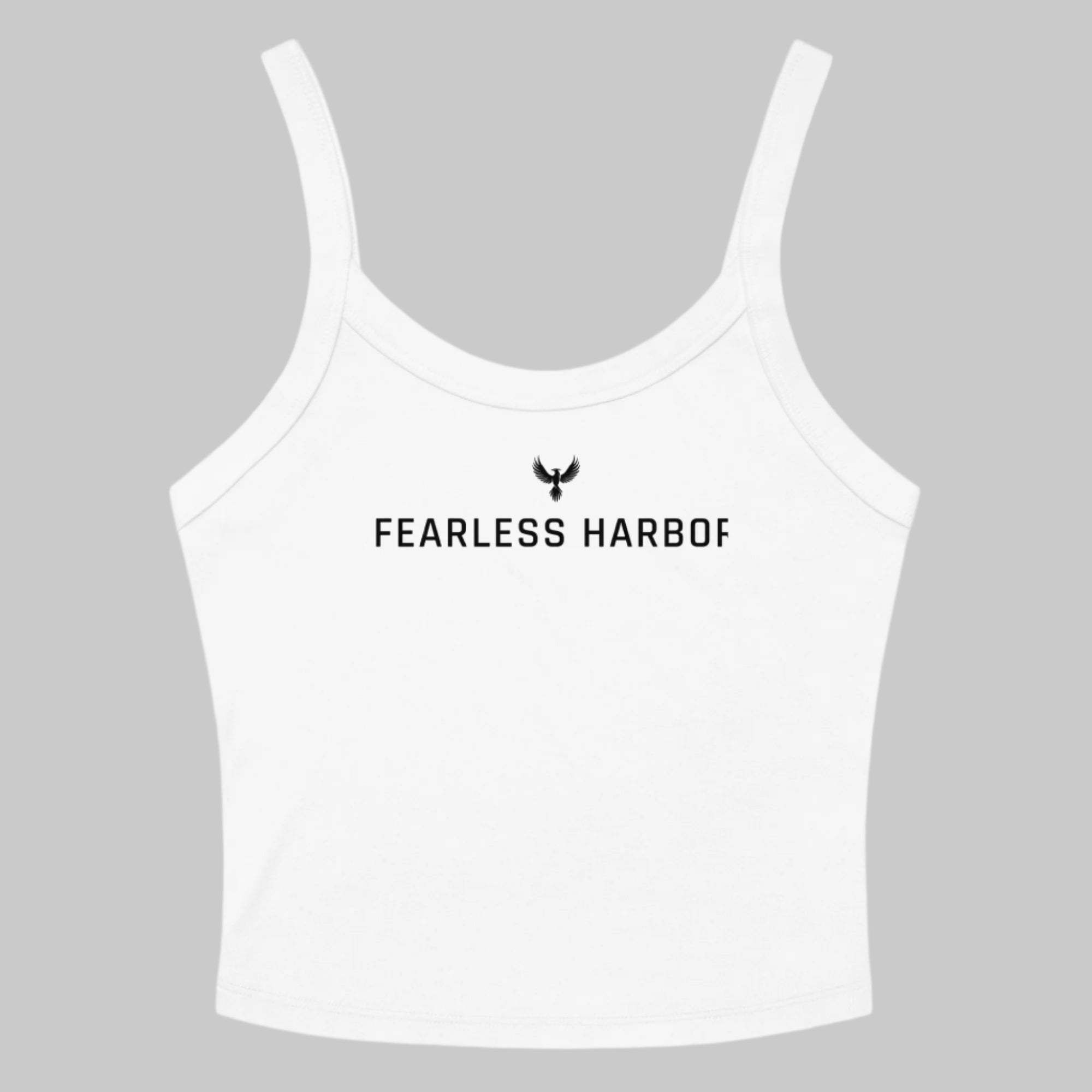 Front of Micro-Rib Tank in White, with the Phoenix logo above the text Fearless Harbor in black.