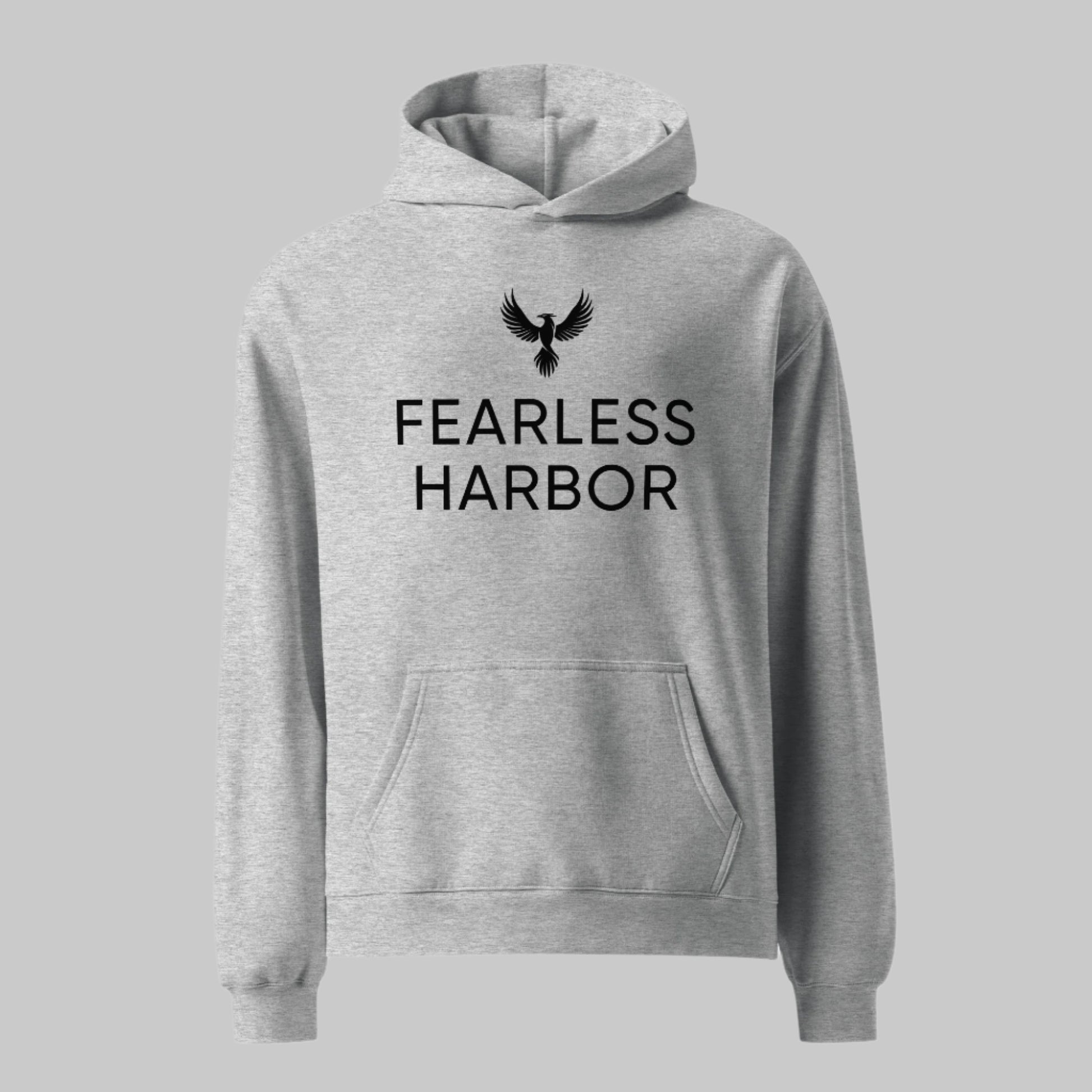 Front of Fearless Harbor Oversized Hoodie in Grey, with Phoenix Logo above the text Fearless Harbor in black.