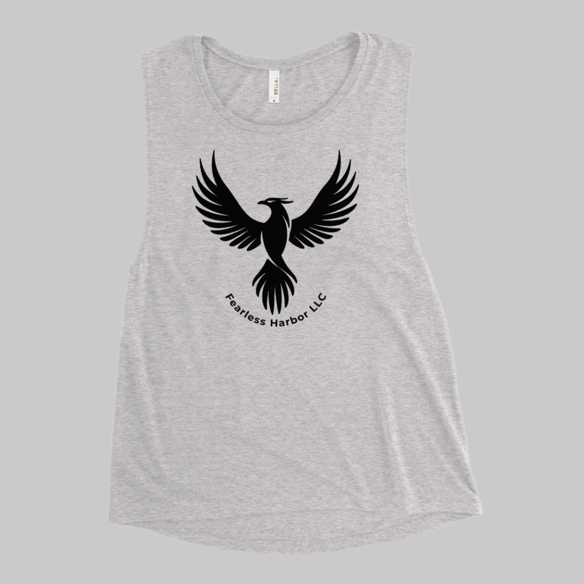 Front of Fearless Phoenix Tank in Athletic Grey, with a phoenix design and the words Fearless Harbor LLC. In black.