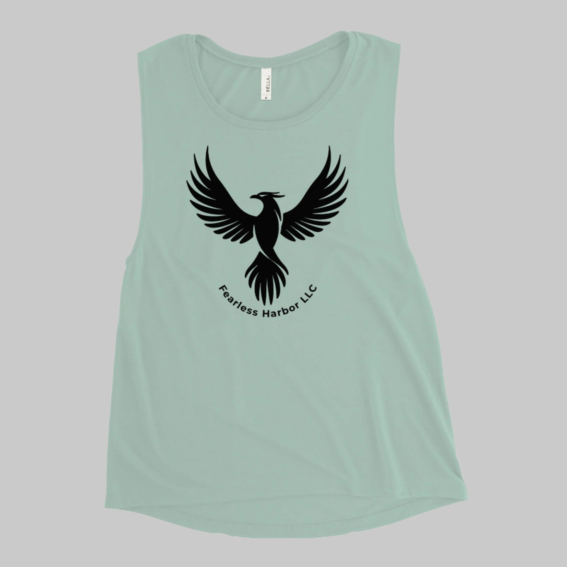 Front of Fearless Phoenix Tank in Dusty Blue, with a phoenix design and the words Fearless Harbor LLC. In black.