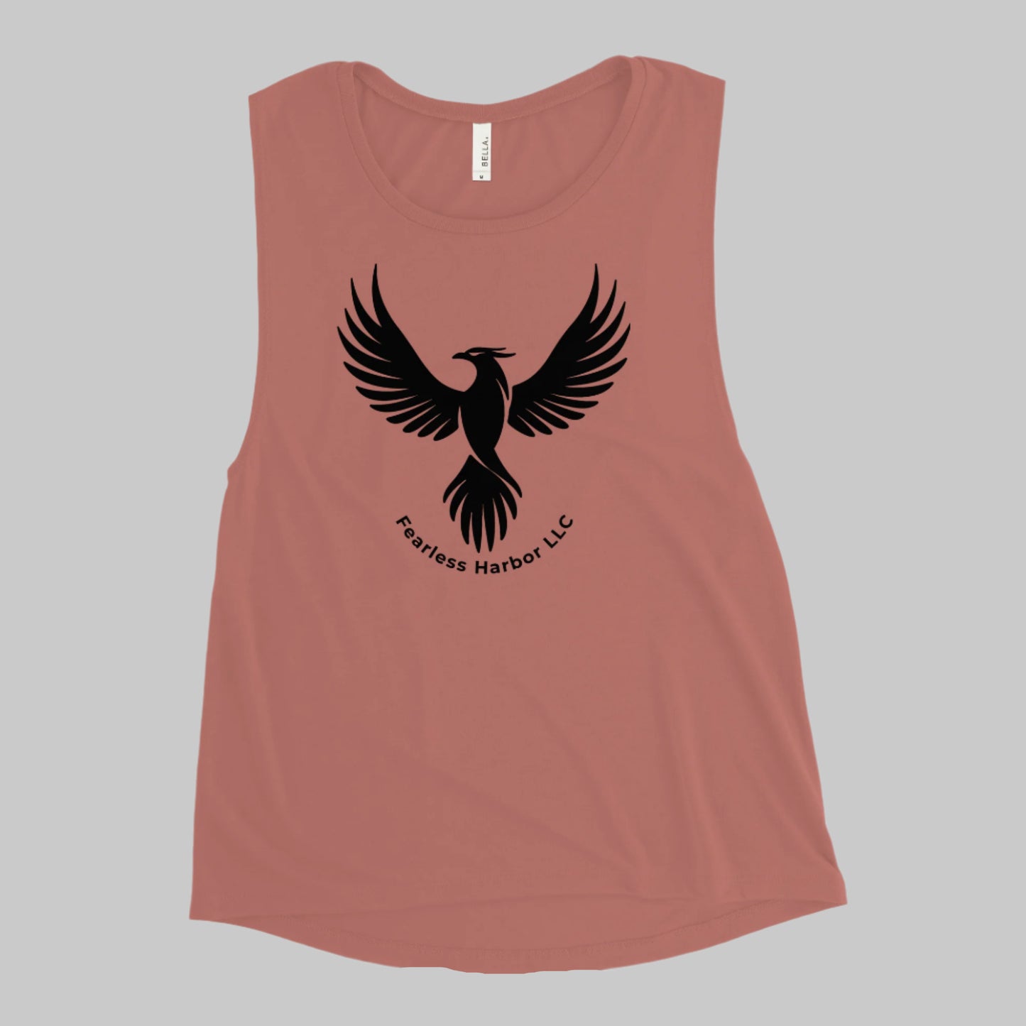 Front of Fearless Phoenix Tank in Mauve, with a phoenix design and the words Fearless Harbor LLC. In black.