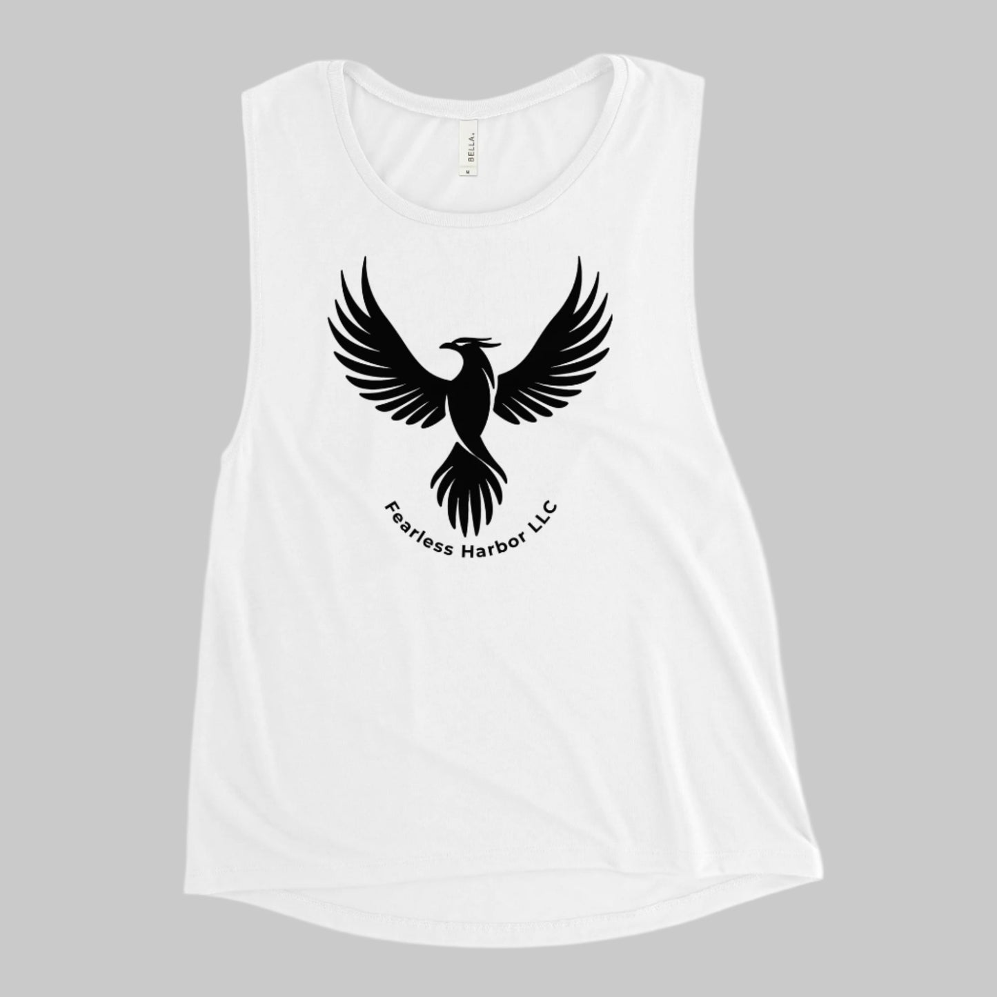 Front of Fearless Phoenix Tank in White, with a phoenix design and the words Fearless Harbor LLC. In black.