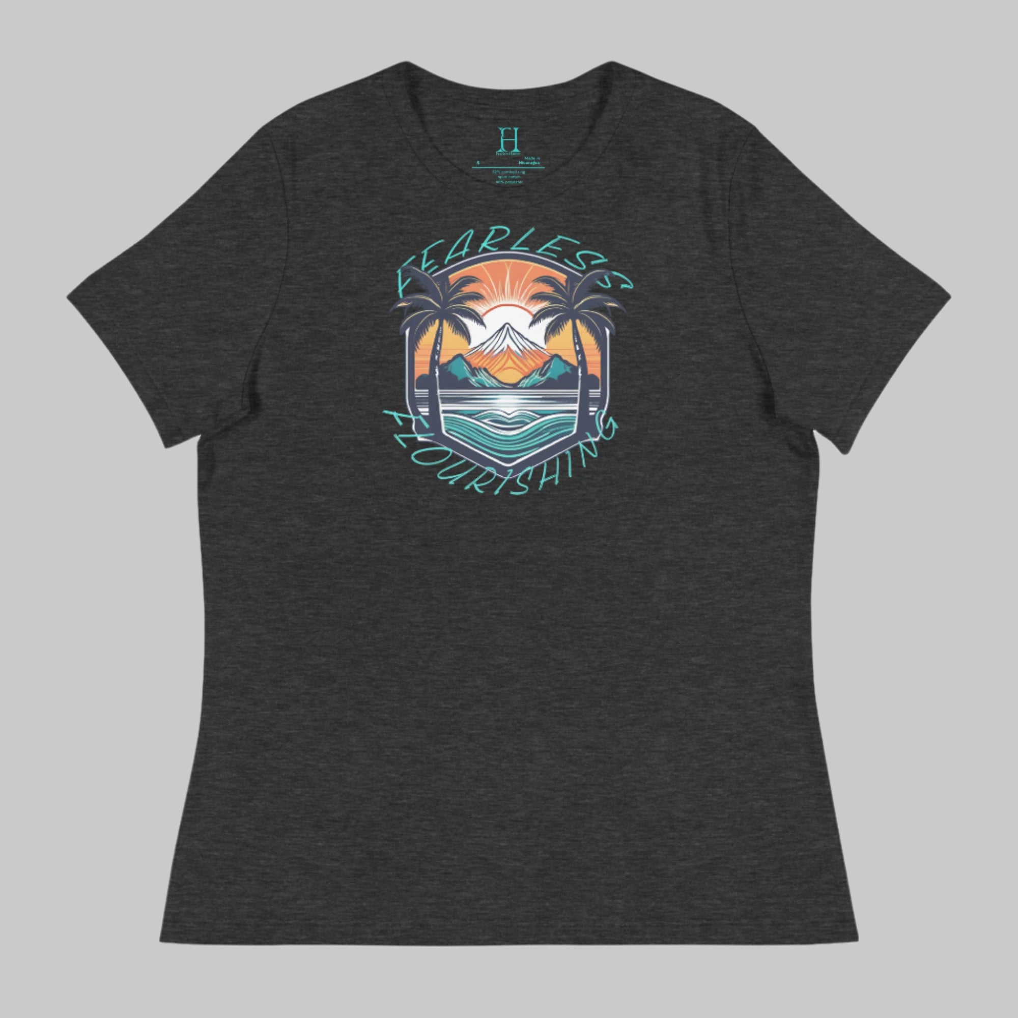 Front of Relaxed Fit Tee – Casual Beach & Island Vibes in Dark Grey with image of Beach Life and the text Fearless Flourishing.