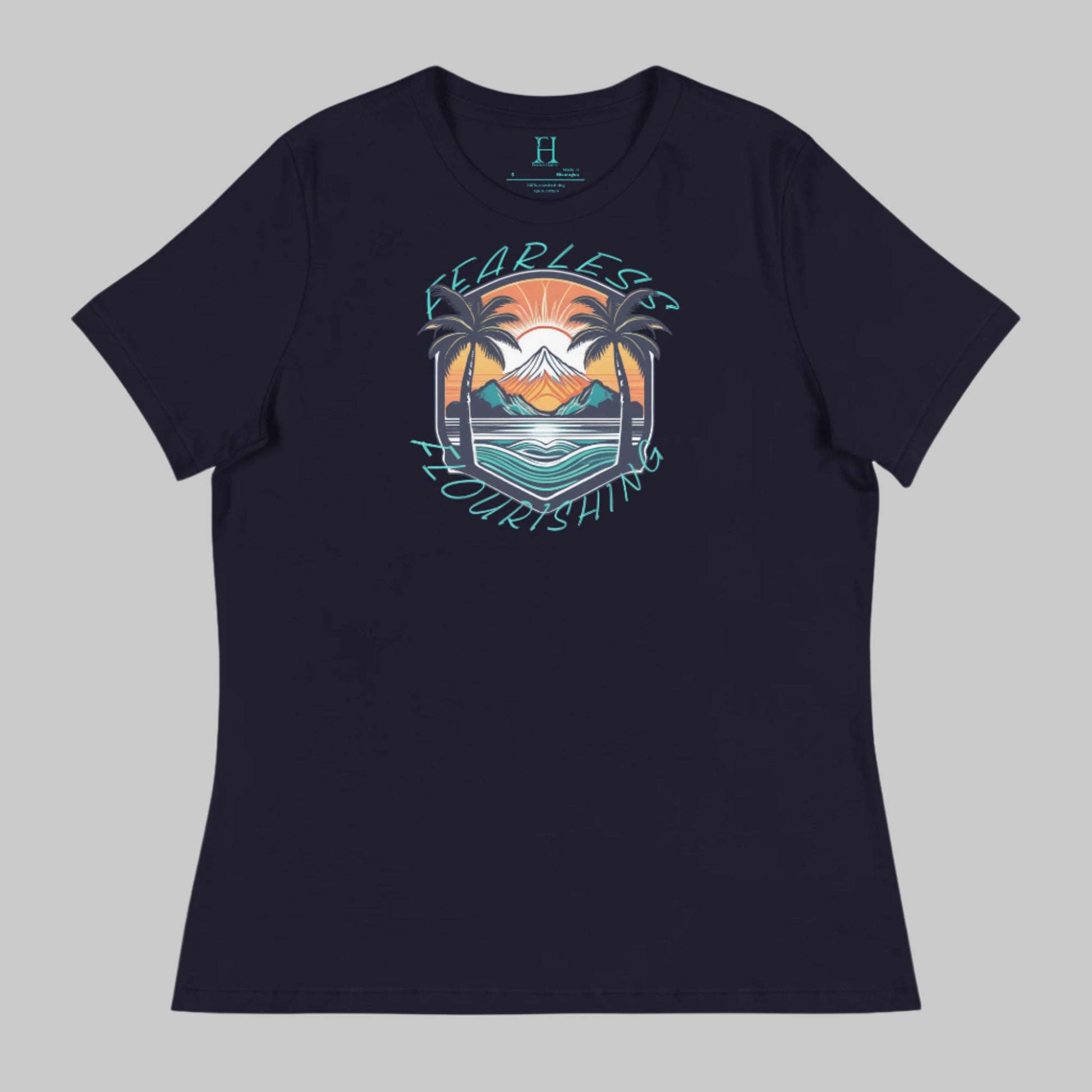 Front of Relaxed Fit Tee – Casual Beach & Island Vibes in Navy with image of Beach Life and the text Fearless Flourishing.