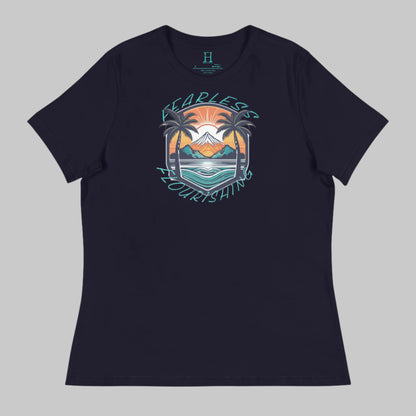 Front of Relaxed Fit Tee – Casual Beach & Island Vibes in Navy with image of Beach Life and the text Fearless Flourishing.