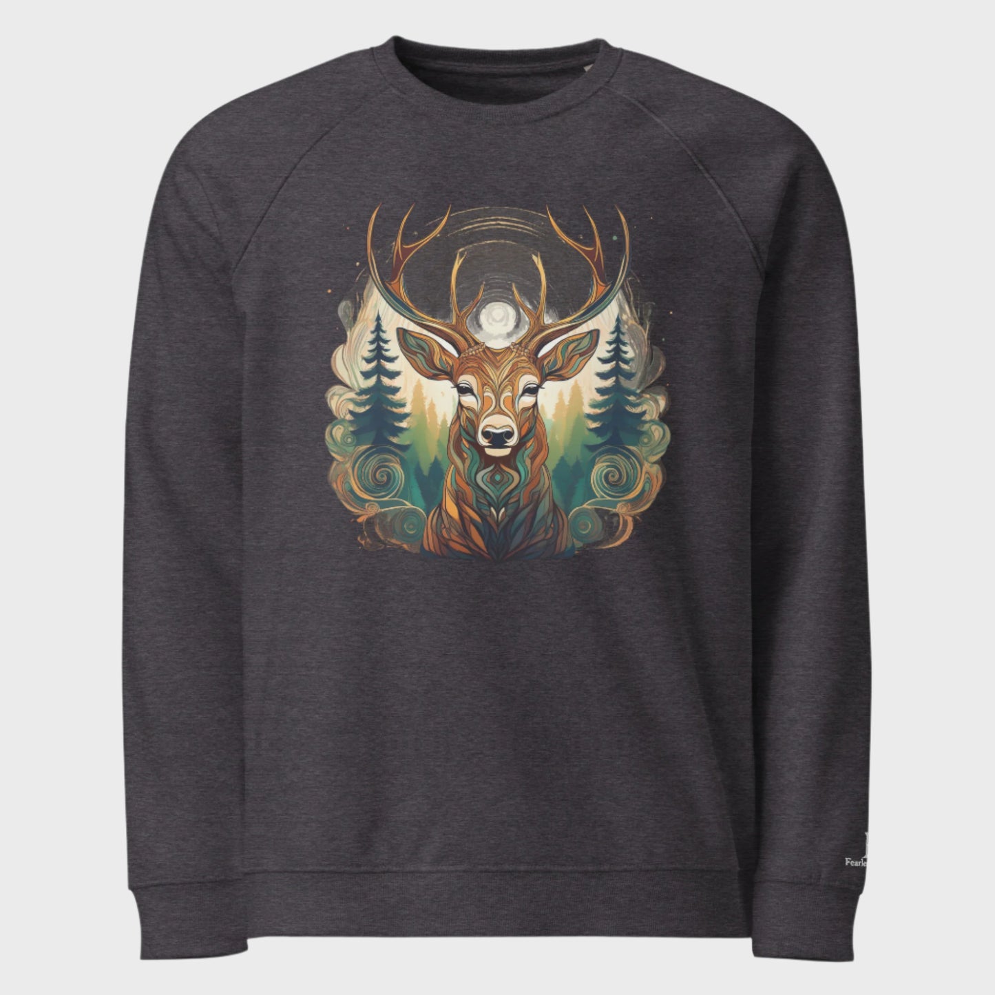 Front of Forest Buck Sweatshirt in Charcoal Melange with Buck Deer design.