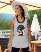 A woman in a sun hat wears the athletic heather Freedom Mallard tank at a summer BBQ, radiating relaxed 4th of July energy.