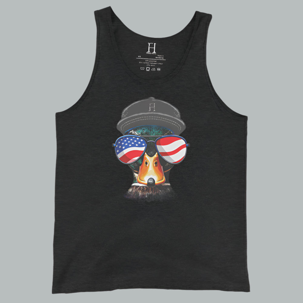 Charcoal black triblend women’s tank with the Freedom Mallard graphic and patriotic flair.
