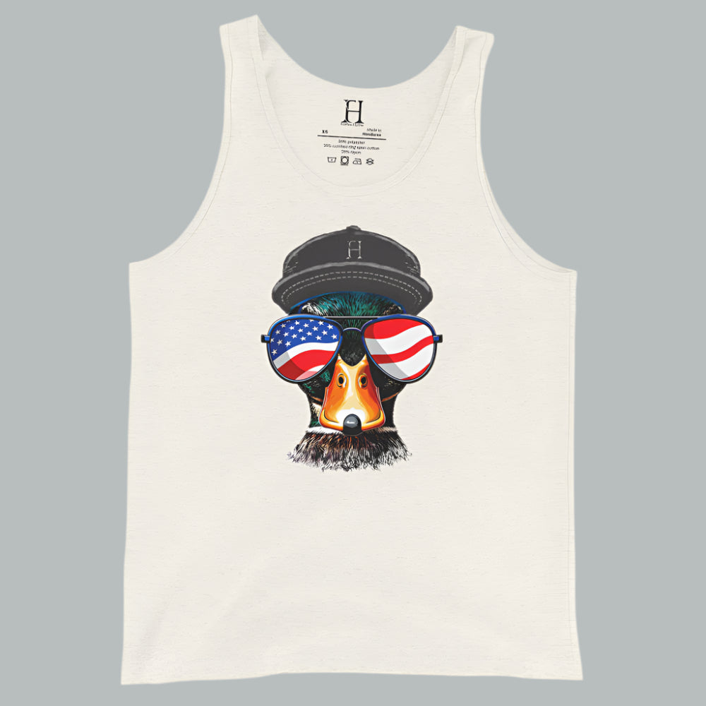 Oatmeal triblend women’s tank featuring the patriotic Freedom Mallard design.