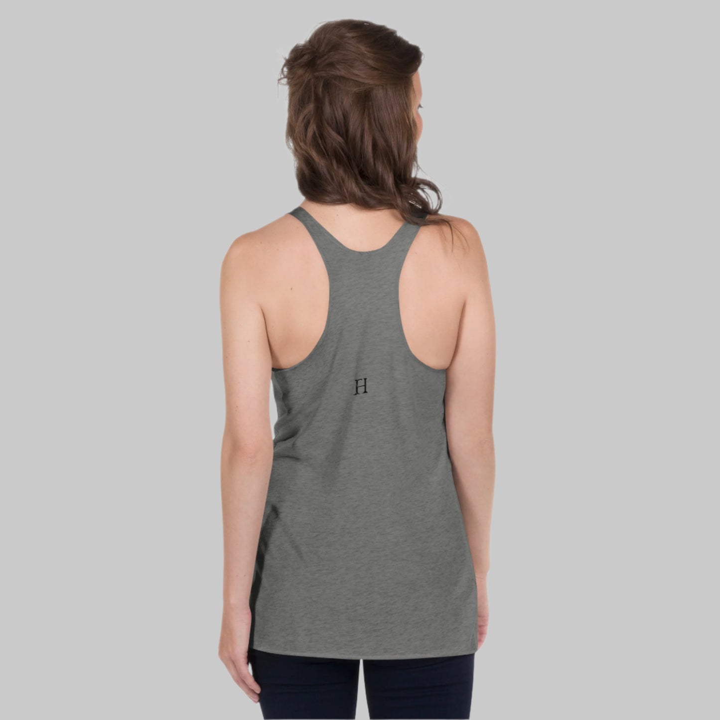 Back of Harbor Roots Racerback Tank in Dark Grey, with FH Logo in Black.