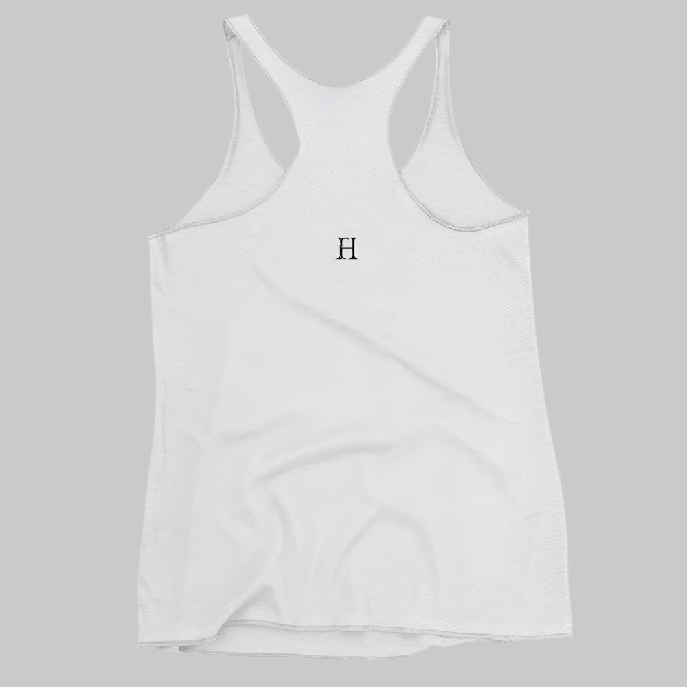 Back of Harbor Roots Racerback Tank in White, with FH Logo in Black.