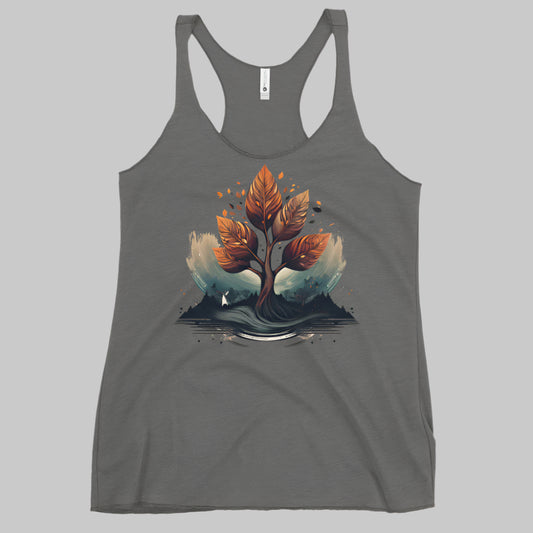 Front of Harbor Roots Racerback Tank in Dark Grey, with floral, flower design.