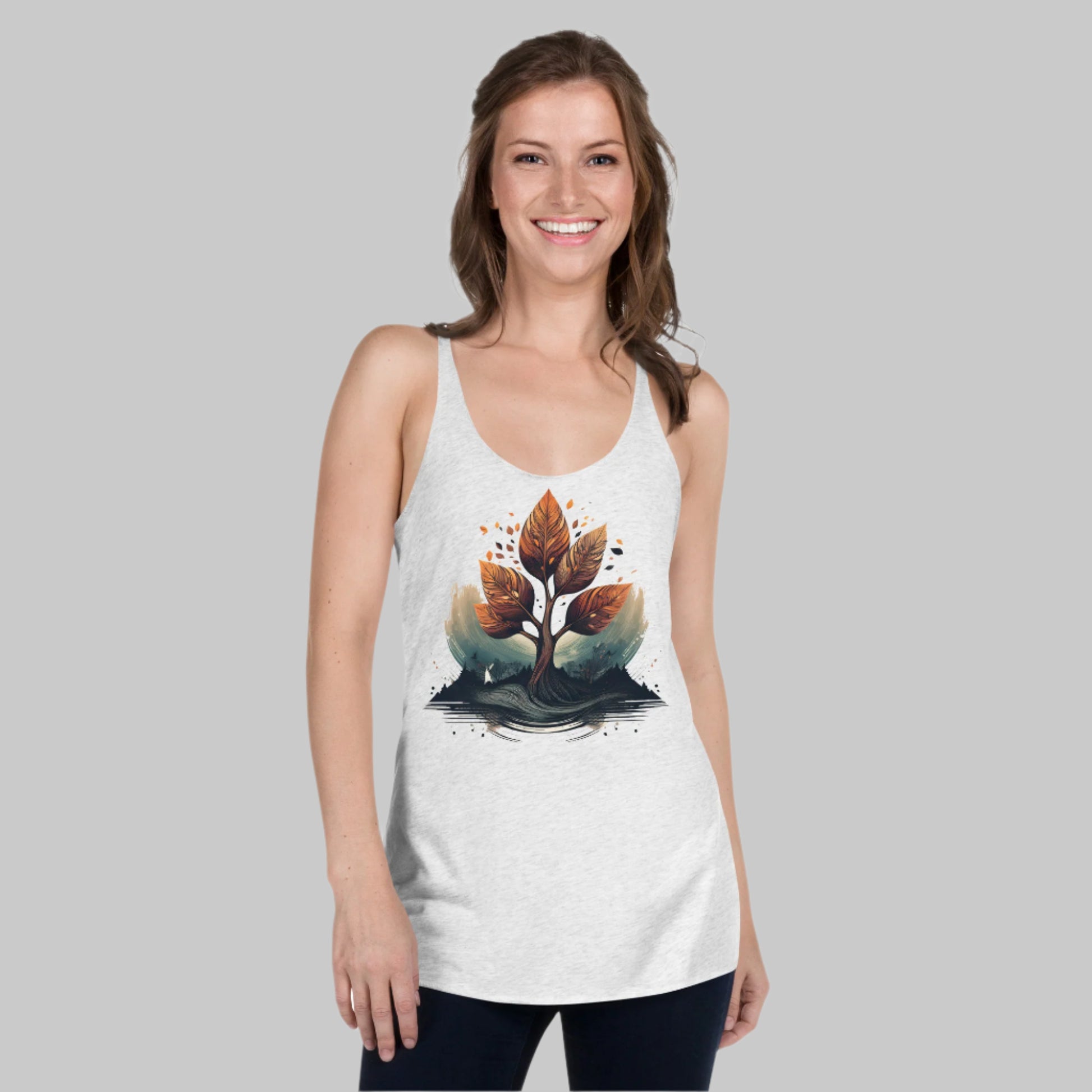 Front of Harbor Roots Racerback Tank in White, with floral, flower design.