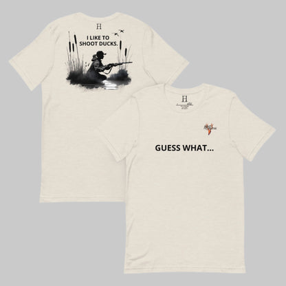 Font and Back of I Like Ducks T-Shirt in Dust, Duck hunter in the marsh design, with FH logo near collar.