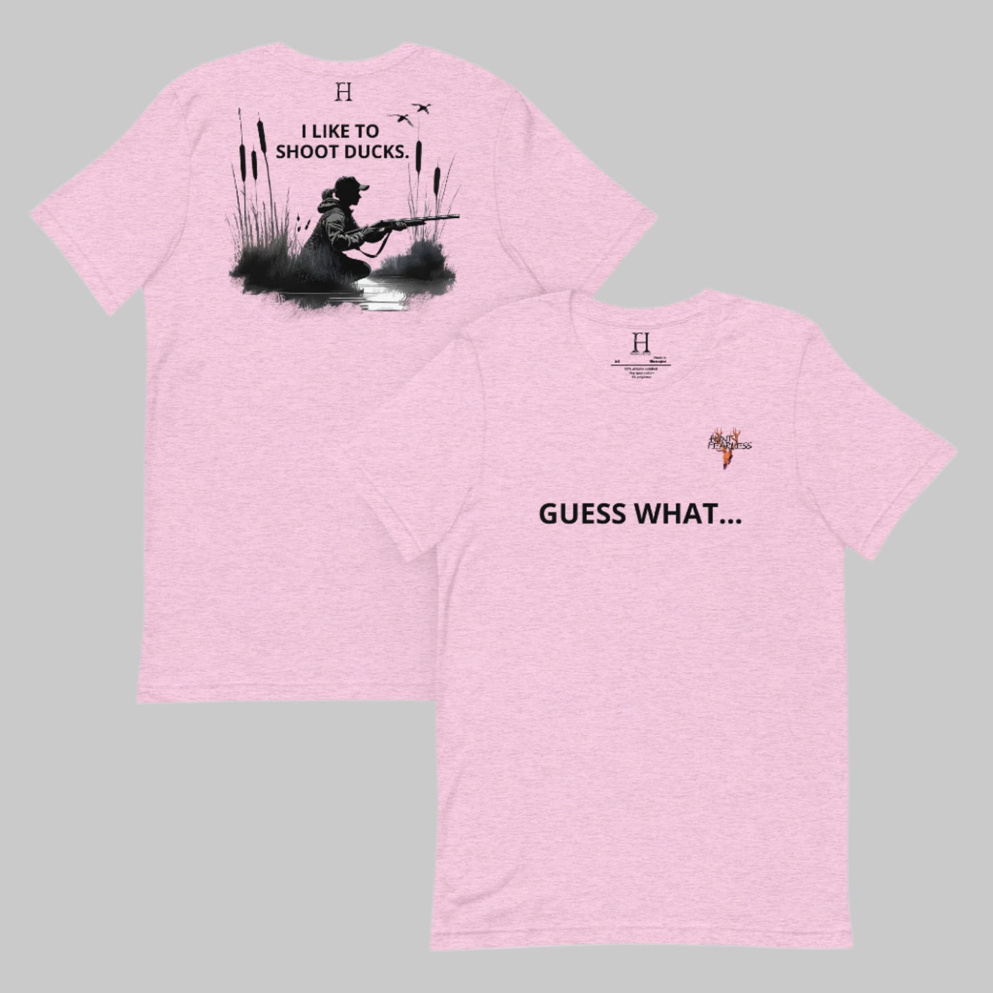 Font and Back of I Like Ducks T-Shirt in Lilac, Duck hunter in the marsh design, with FH logo near collar.