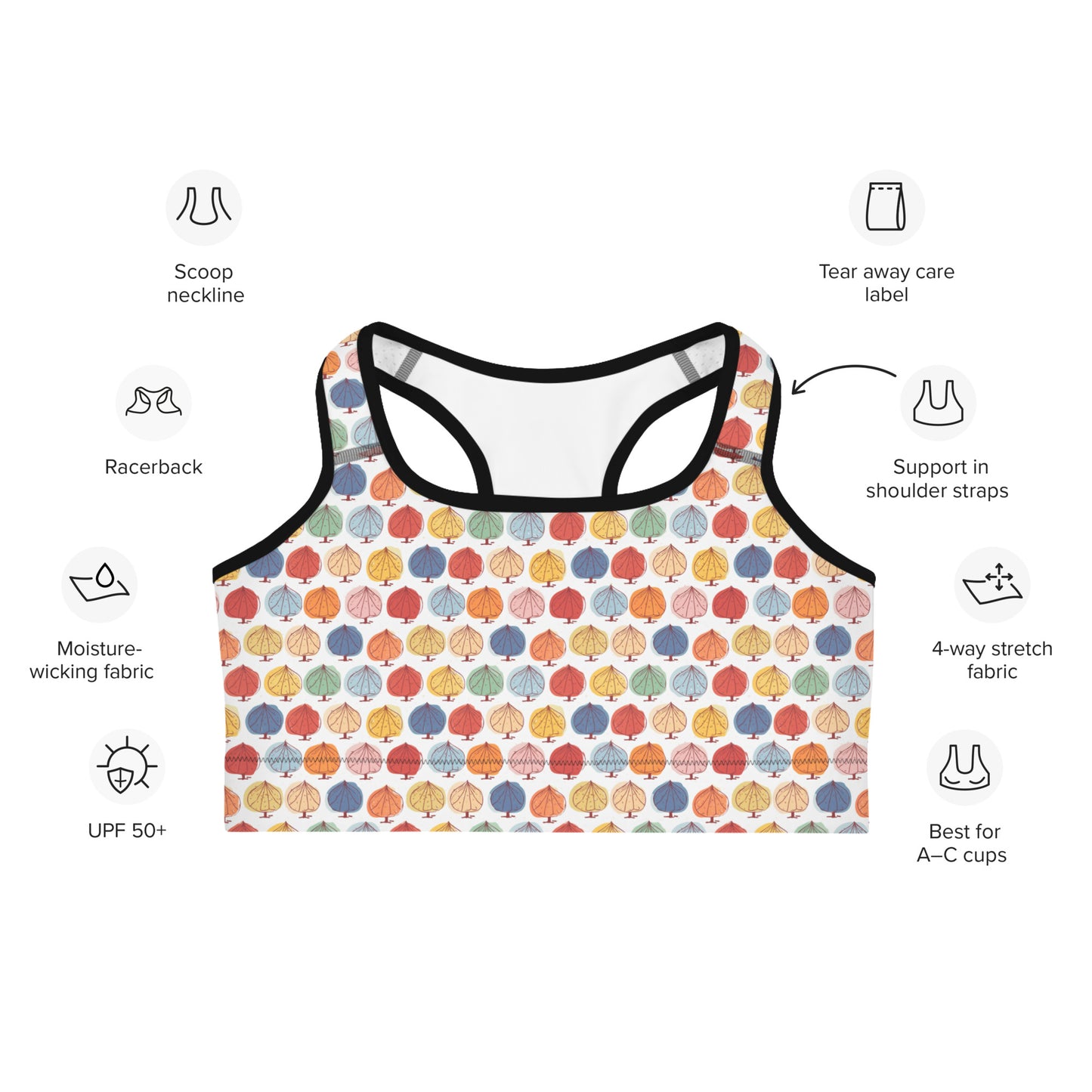 Front of Leafy Racerback Sports Bra in multicolor leaf design with Black Trim.