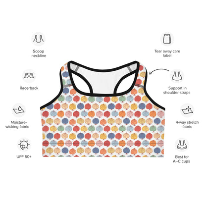 Front of Leafy Racerback Sports Bra in multicolor leaf design with Black Trim.