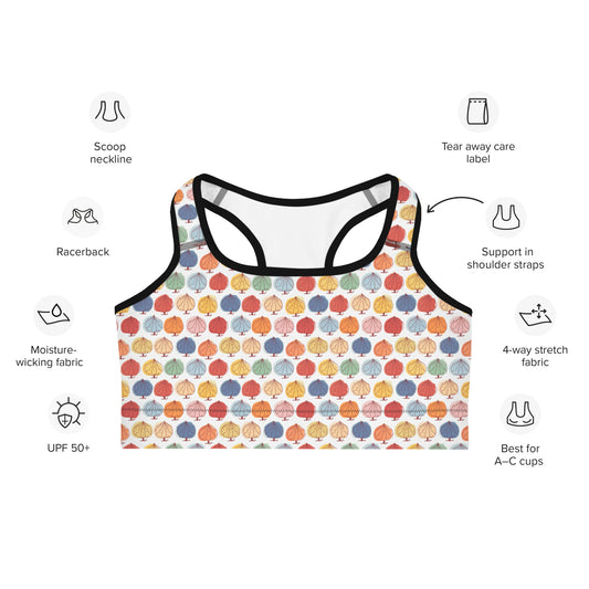 Front of Leafy Racerback Sports Bra in multicolor leaf design with Black Trim.