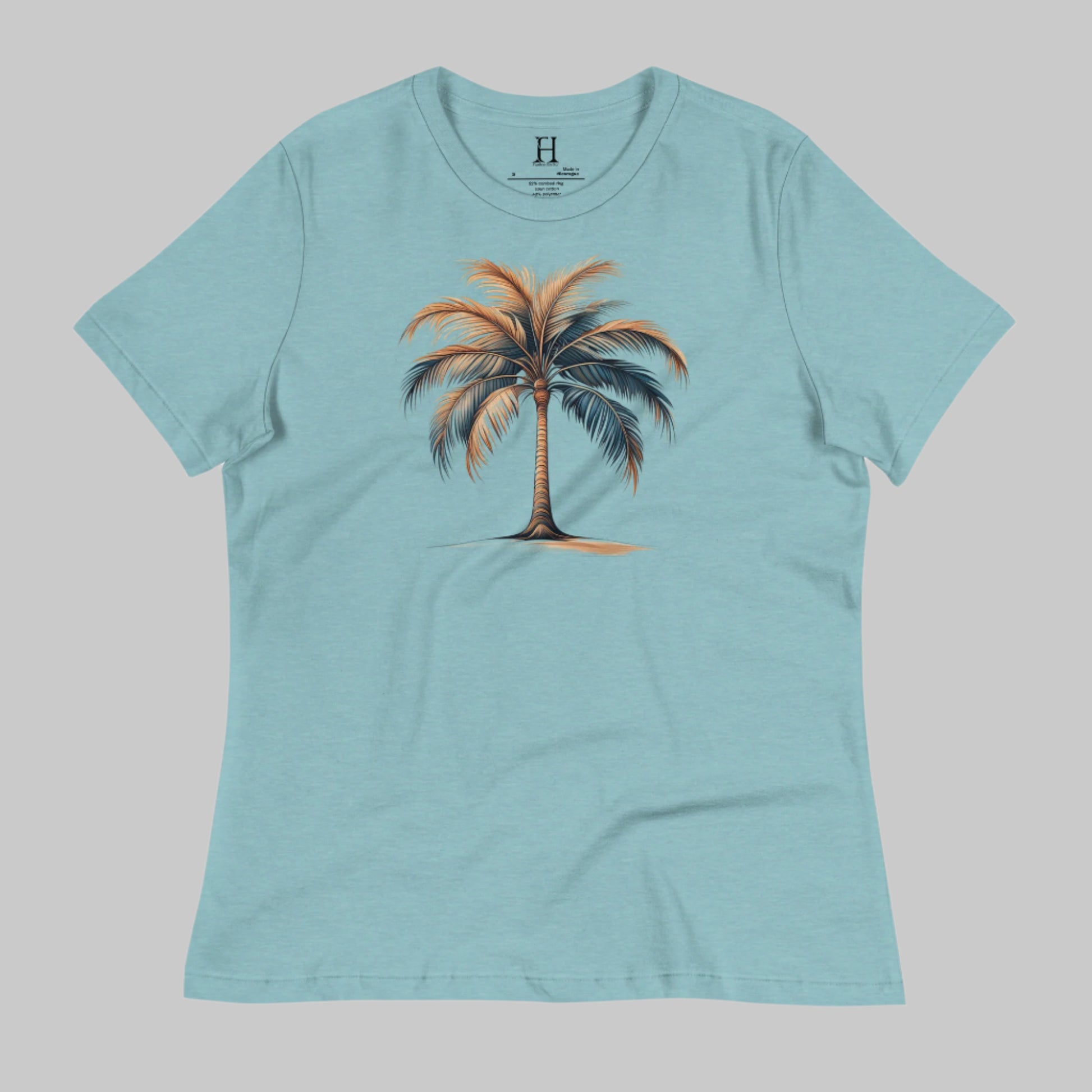 Front of Tropical T-shirt for Beach Island Vibes in Blue Lagoon with image of Palm Tree.