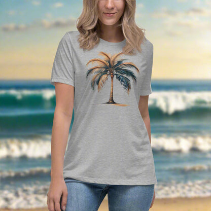 Front of Woman wearing Tropical T-shirt for Beach Island Vibes in Grey with image of Palm Tree.