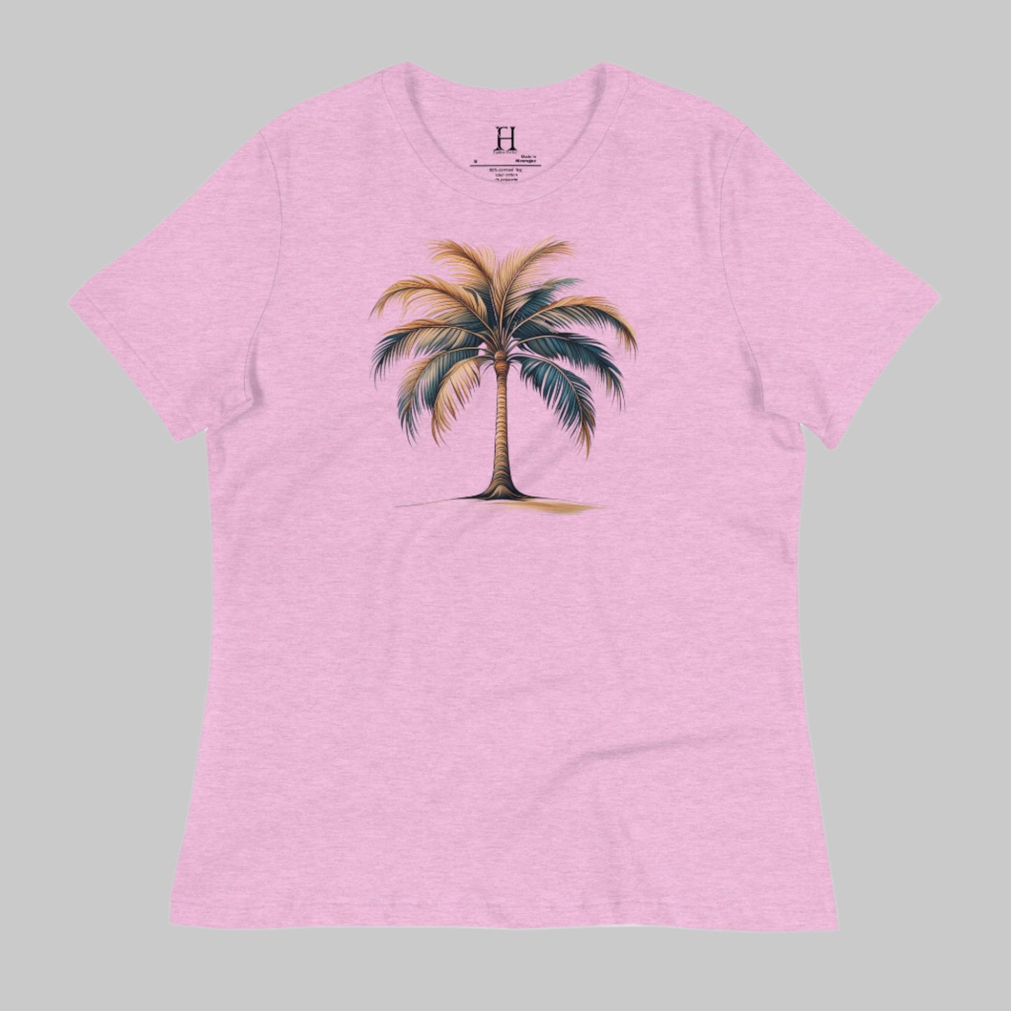 Front of Tropical T-shirt for Beach Island Vibes in Lilac with image of Palm Tree.