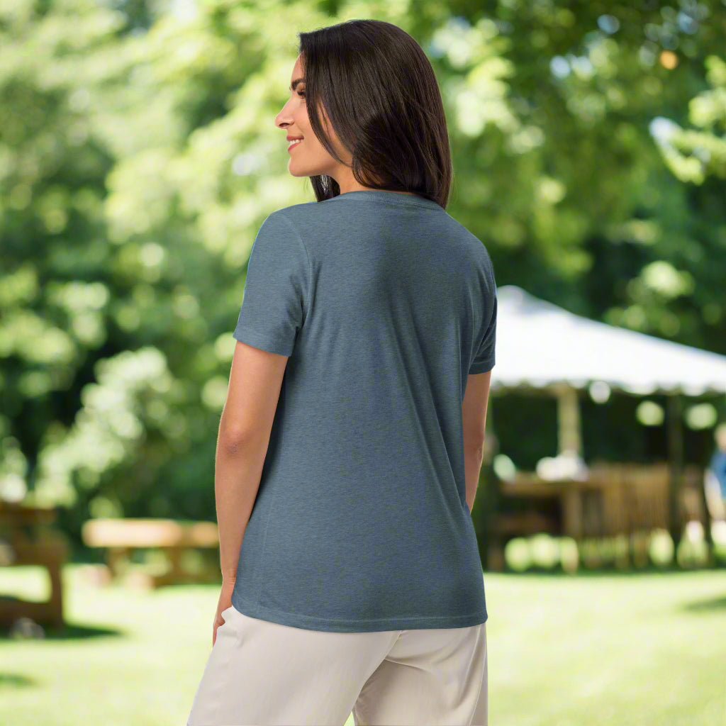 Back of Woman wearing Midnight Moose V-Neck T-Shirt in Slate, blank with no graphics or text.