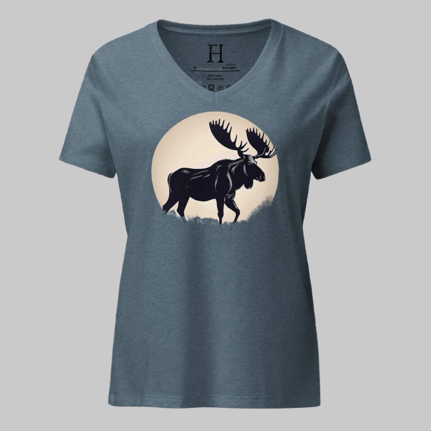 Front of Midnight V-Neck T-Shirt in Slate with Bull Moose silhouette in front of the Moon design.