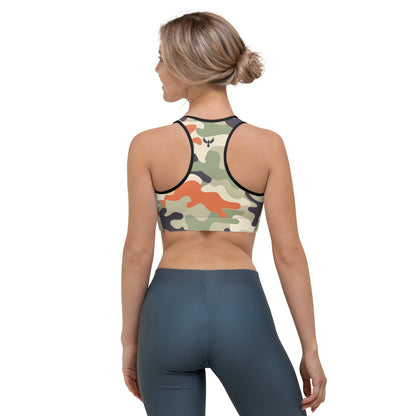 Back of Woman Moisture-Wicking Sports Bra in Unchartered Camo with Black Trim, Phoenix logo on center in black.