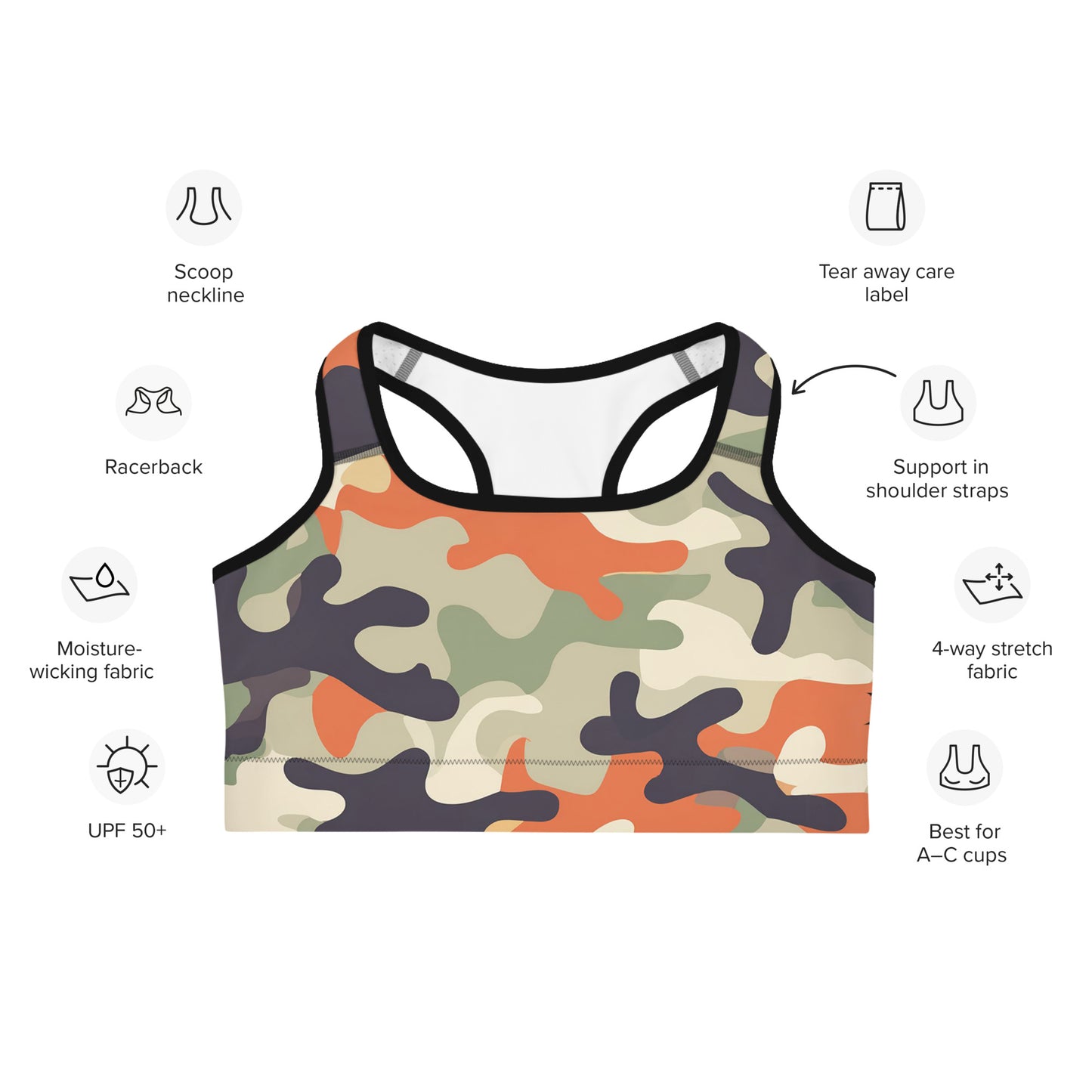 Front of Moisture-Wicking Sports Bra in Unchartered Camo with Black Trim.