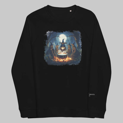 Front of Moonlit Witches' Sweatshirt in Black, with a spooky witch coven around a cauldron on a full moon night design.