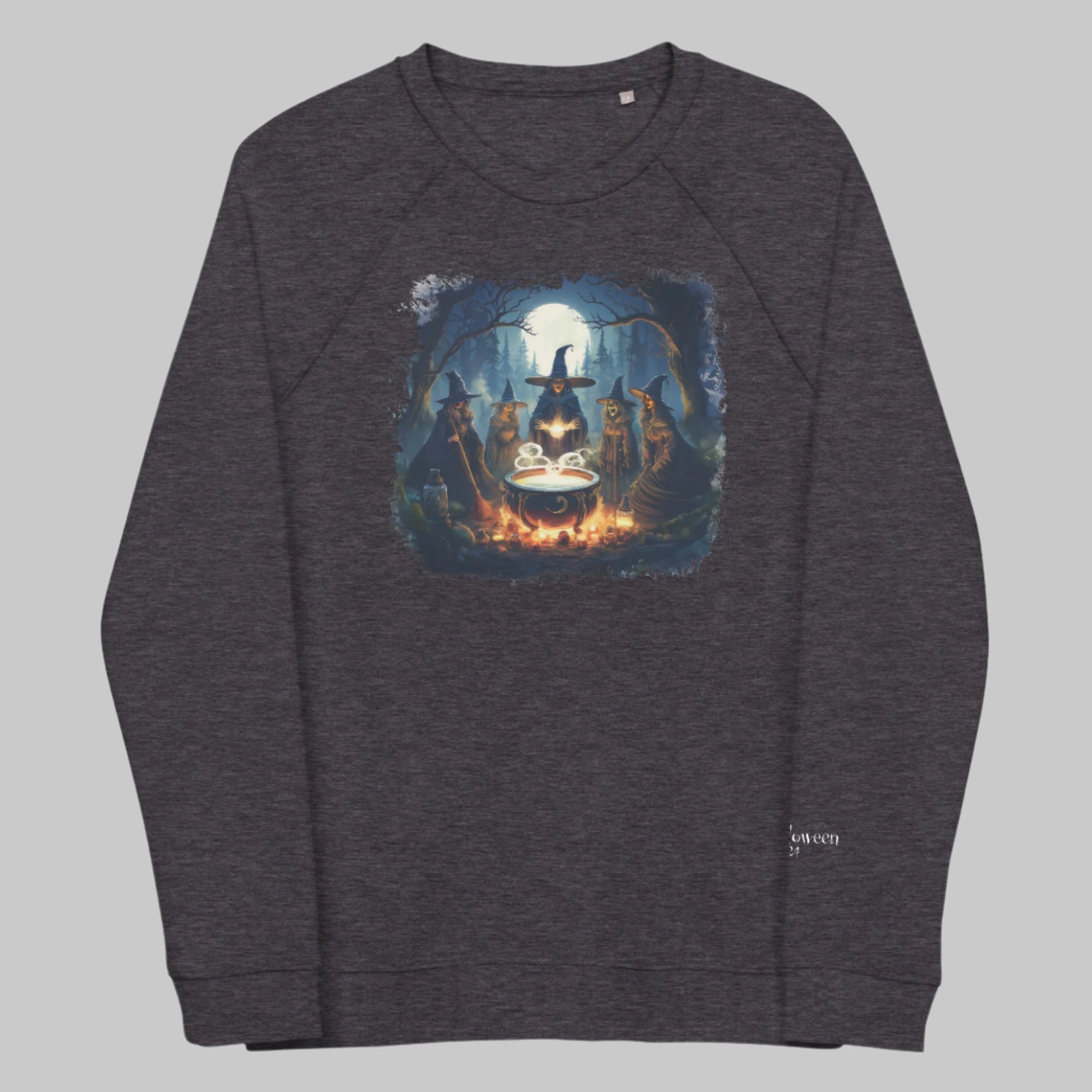 Front of Moonlit Witches' Sweatshirt in Charcoal, with a spooky witch coven around a cauldron on a full moon night design.